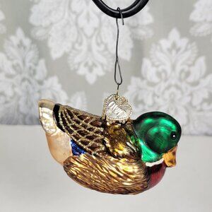Retro Old World Christmas Duck Mallard Glass Ornament 3" Long Glitter Accents